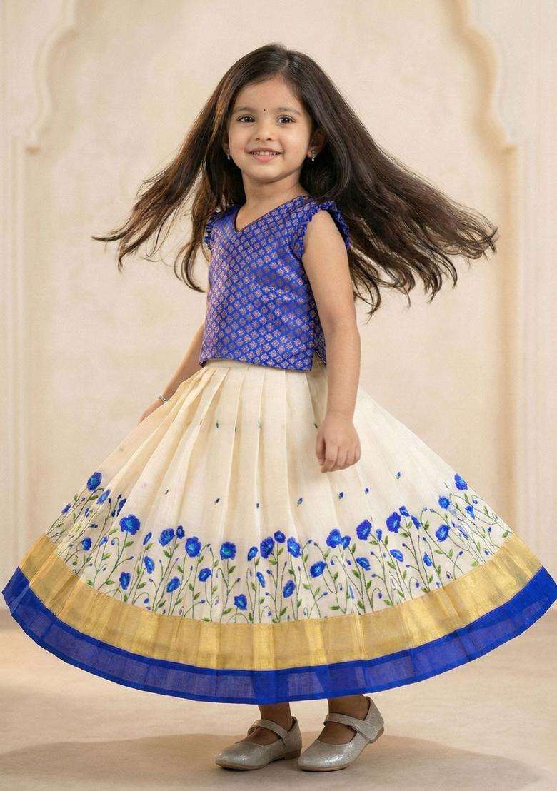 Beige Woven Design Cotton Lehenga Set For Girls - Indya