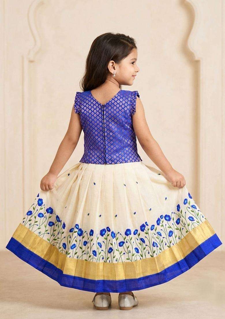 Beige Woven Design Cotton Lehenga Set For Girls - Indya