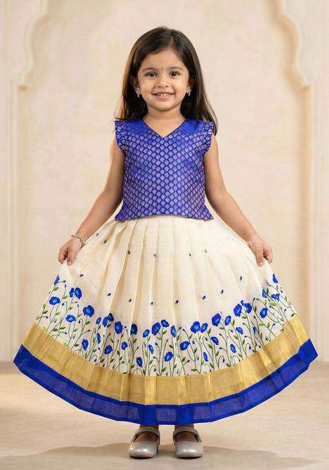 Beige Woven Design Cotton Lehenga Set For Girls