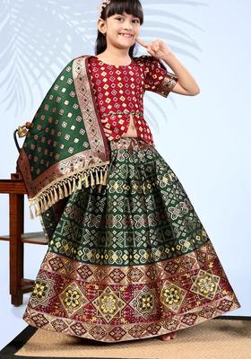 Green Woven Design Silk Lehenga Set For Girls