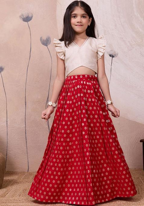 Red Woven Design Silk Lehenga Set For Girls — view on Indya