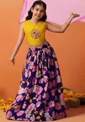Yellow Embroidered Silk Lehenga Set For Girls