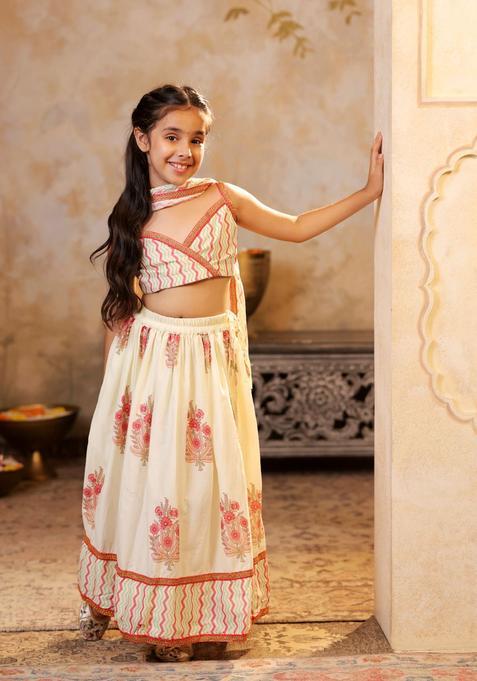 Beige Printed Cotton Lehenga Set For Girls — view on Indya