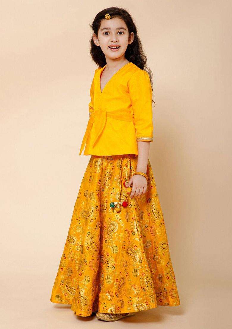 Yellow Solid Cotton Lehenga Set For Girls - Indya