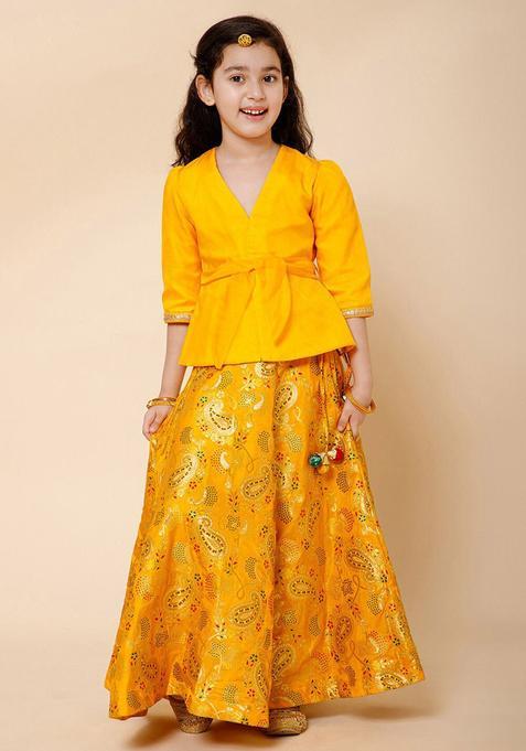 Yellow Solid Cotton Lehenga Set For Girls — view on Indya