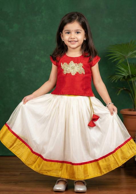 Red Embellished Net Lehenga Set For Girls — view on Indya