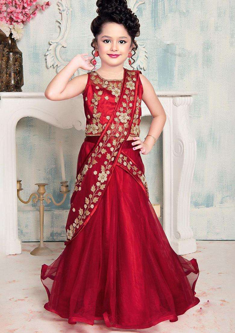 Red Embroidered Net Lehenga Set For Girls - Indya