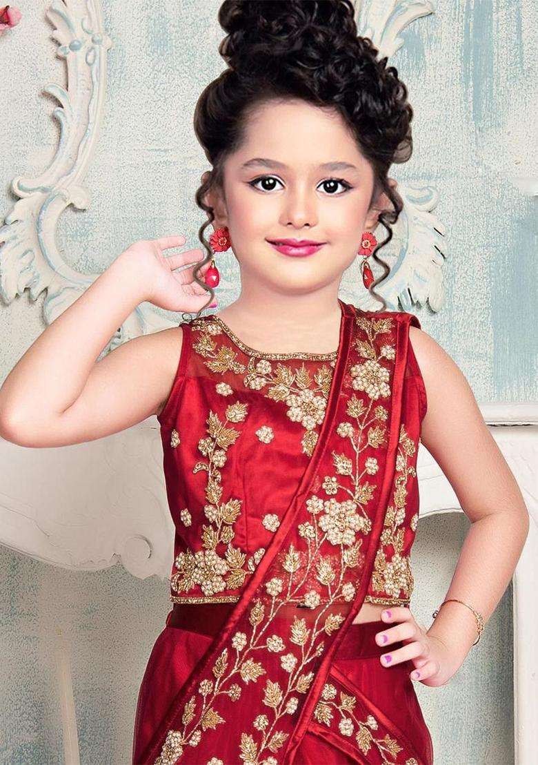 Red Embroidered Net Lehenga Set For Girls - Indya