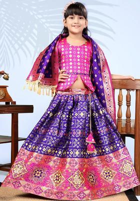 Purple Woven Design Silk Lehenga Set For Girls
