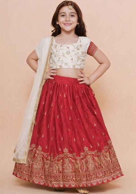 Red Embroidered Silk Lehenga Set For Girls — view on Indya