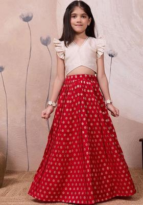 Red Woven Design Silk Lehenga Set For Girls