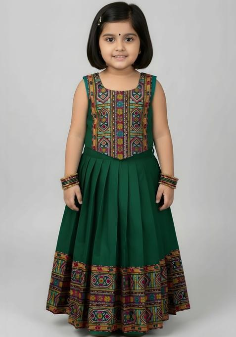 Green Embroidered Cotton Lehenga Set For Girls — view on Indya
