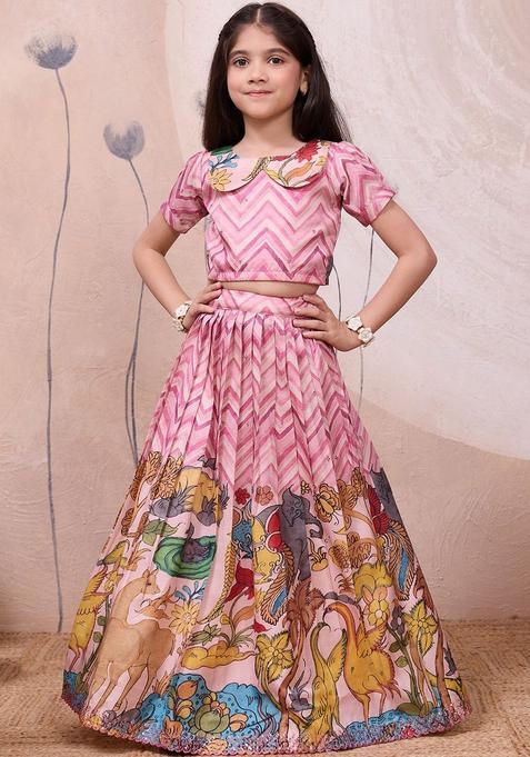 Pink Printed Silk Lehenga Set For Girls — view on Indya