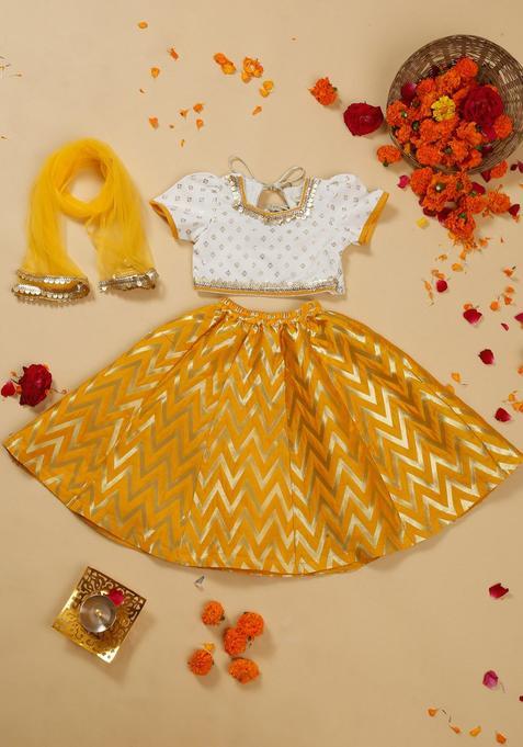 Yellow Printed Silk Lehenga Set For Girls — view on Indya