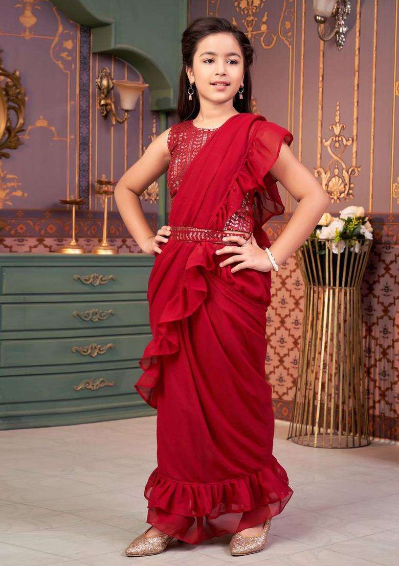 Maroon Embroidered Georgette Lehenga Set For Girls - Indya