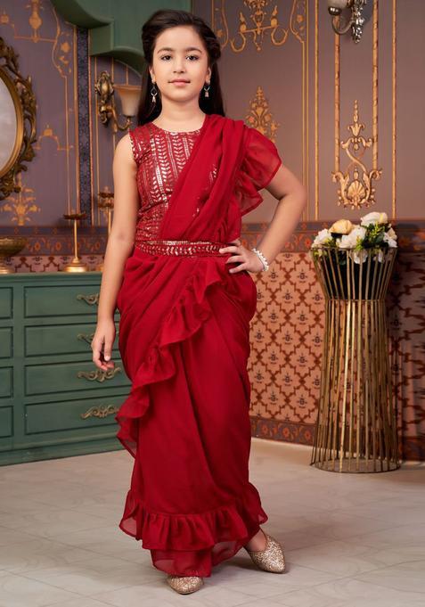 Maroon Embroidered Georgette Lehenga Set For Girls — view on Indya