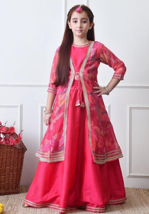 Pink Solid Silk Lehenga Set For Girls — view on Indya