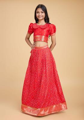 Red Woven Design Silk Lehenga Set For Girls