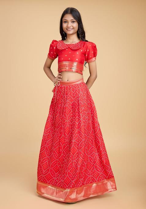 Red Woven Design Silk Lehenga Set For Girls — view on Indya