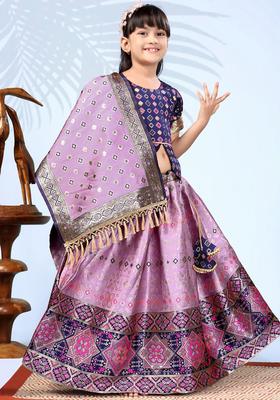 Purple Woven Design Silk Lehenga Set For Girls