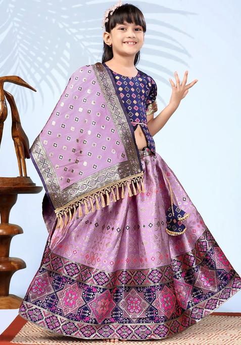 Purple Woven Design Silk Lehenga Set For Girls — view on Indya