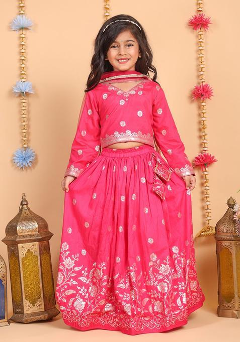 Pink Printed Silk Lehenga Set For Girls — view on Indya
