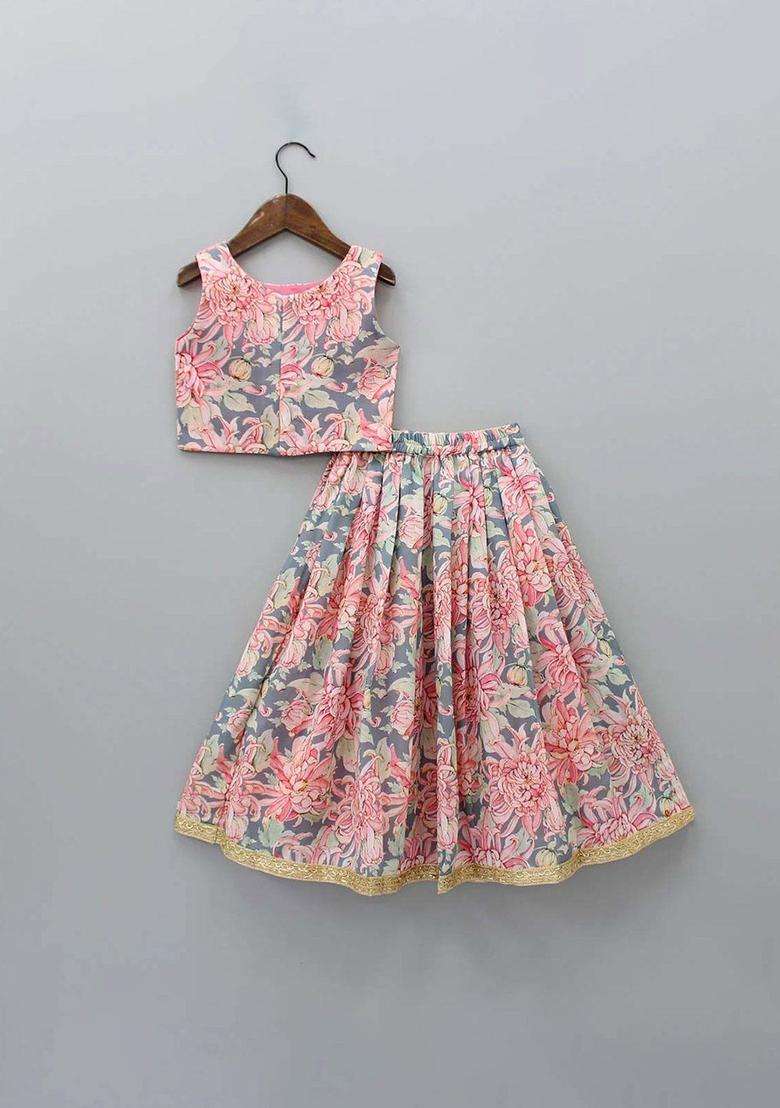 Peach Solid Silk Lehenga Set For Girls - Indya