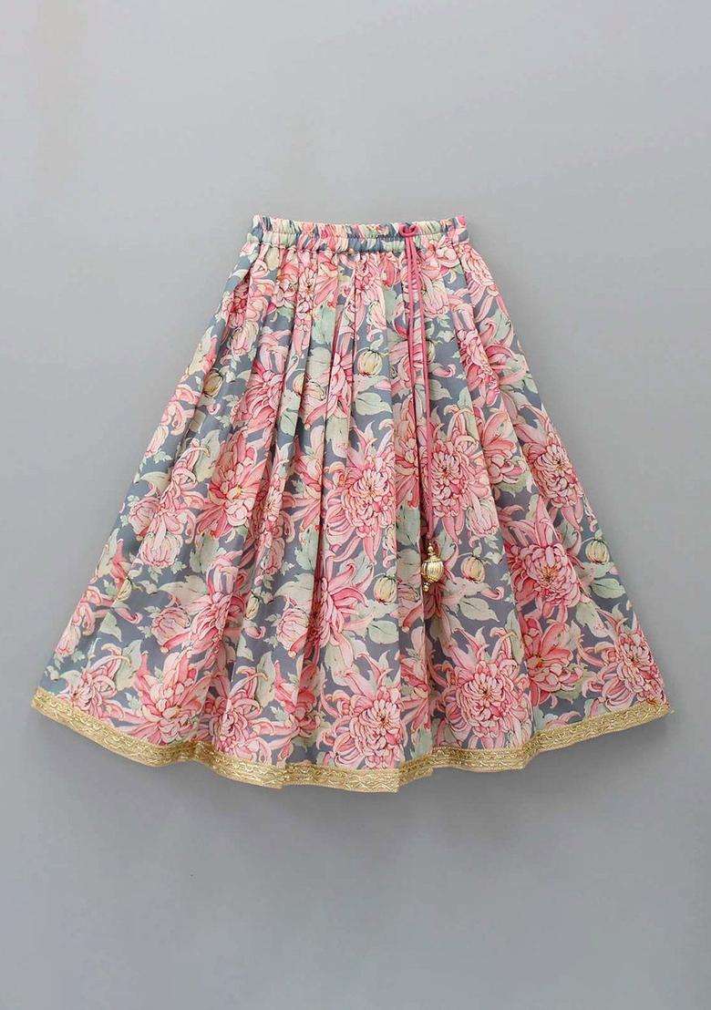 Peach Solid Silk Lehenga Set For Girls - Indya