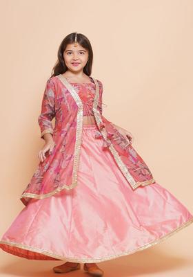 Peach Printed Silk Lehenga Set For Girls