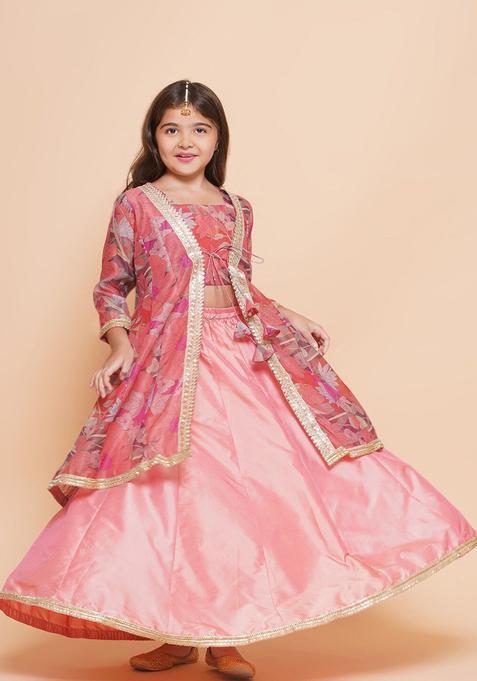 Peach Printed Silk Lehenga Set For Girls — view on Indya