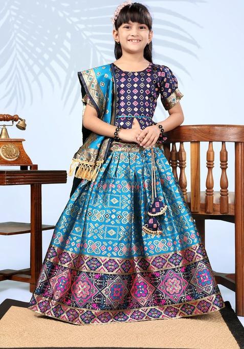 Blue Woven Design Silk Lehenga Set For Girls — view on Indya