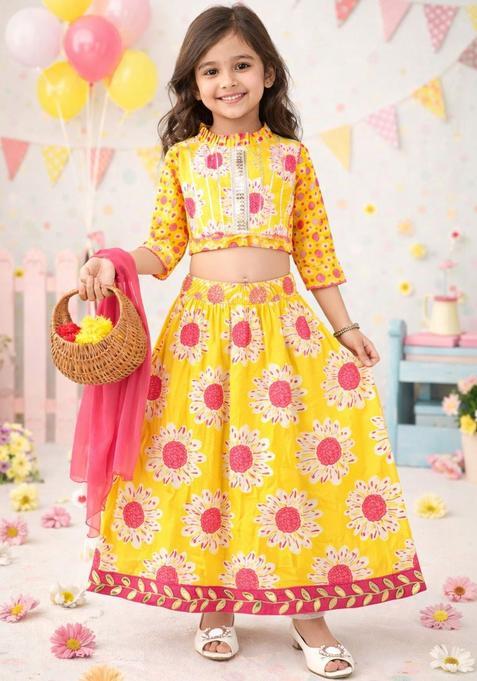 Yellow Printed Cotton Lehenga Set For Girls — view on Indya