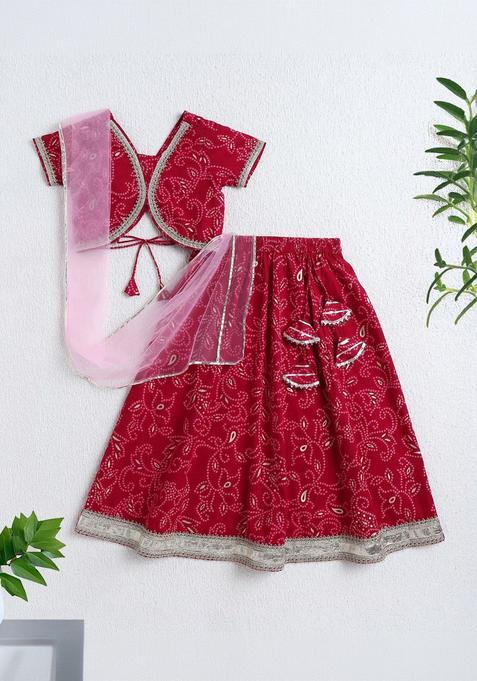 Red Printed Cotton Lehenga Set For Girls — view on Indya