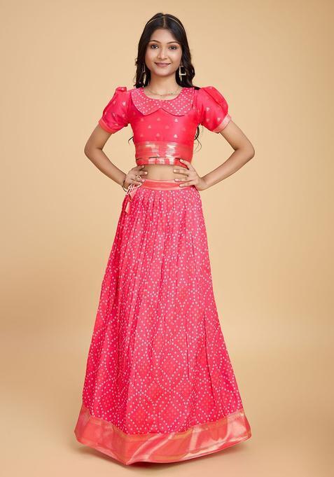 Pink Woven Design Silk Lehenga Set For Girls — view on Indya