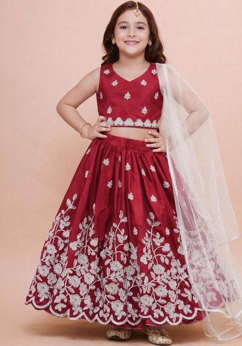 Maroon Embroidered Silk Lehenga Set For Girls — view on Indya