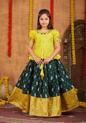 Yellow Embroidered Silk Lehenga Set For Girls