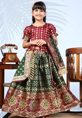 Green Woven Design Silk Lehenga Set For Girls