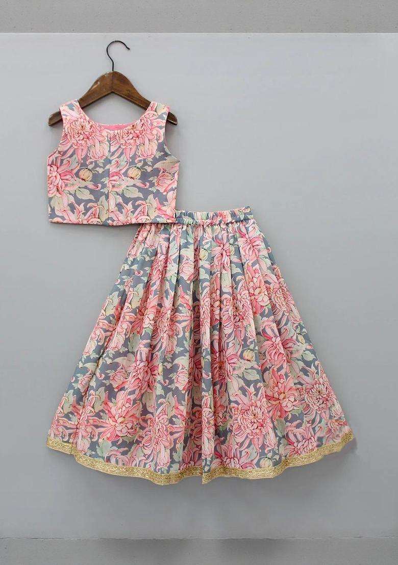 Multi Printed Polyester Lehenga Set For Girls - Indya
