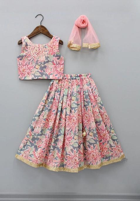 Multi Printed Polyester Lehenga Set For Girls — view on Indya