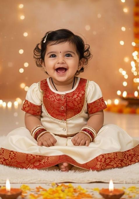 White Woven Design Silk Lehenga Set For Girls — view on Indya