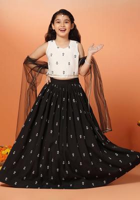 Black Embroidered Silk Lehenga Set For Girls