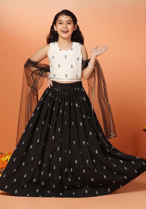 Black Embroidered Silk Lehenga Set For Girls — view on Indya