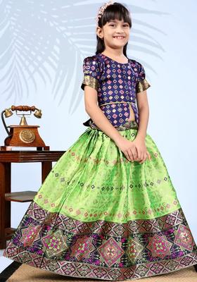 Green Embroidered Silk Lehenga Set For Girls