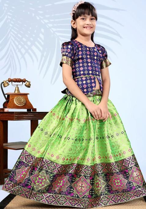 Green Embroidered Silk Lehenga Set For Girls — view on Indya