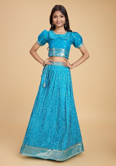 Blue Woven Design Silk Lehenga Set For Girls — view on Indya
