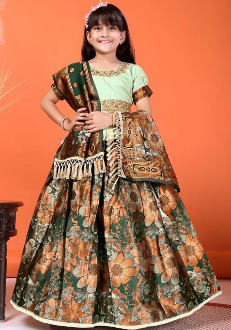 Green Embellished Silk Lehenga Set For Girls — view on Indya