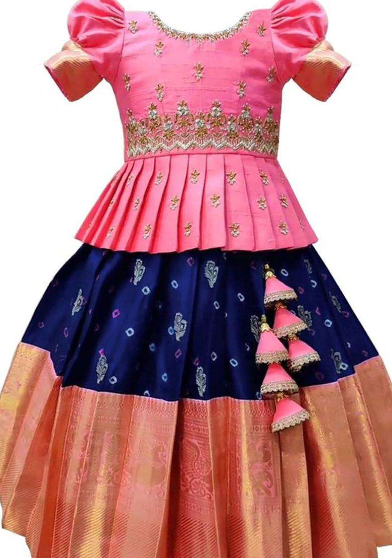 Pink Embroidered Polyester Lehenga Set For Girls - Indya