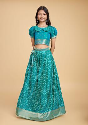 Green Woven Design Silk Lehenga Set For Girls