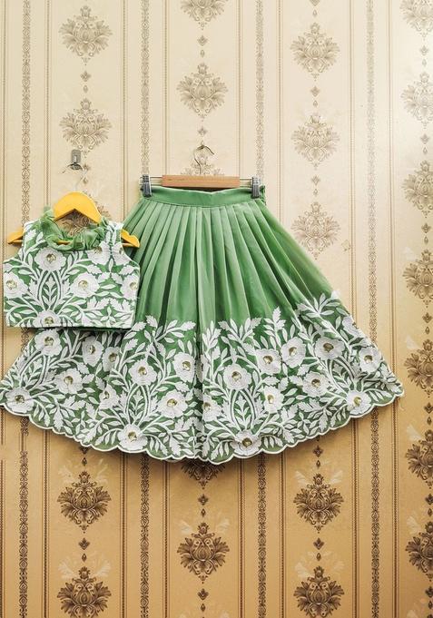 Green Embroidered Silk Lehenga Set For Girls — view on Indya