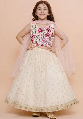 White Embroidered Net Lehenga Set For Girls